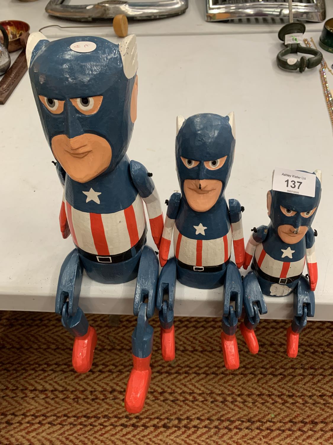 A GRADUATED SET OF THREE VINTAGE STYLE CAPTAIN AMERICA PUPPETS