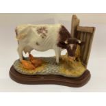 A BORDER FINE ARTS SHORTHORN COW WITH HENS "HOME SWEET HOME BLOSSOM" ON WOODEN PLINTH