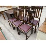 SIX CARVED OAK DINING CHAIRS ON BARLEY TWIST SUPPORTS