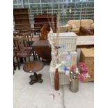 A MAHOGANY OCCASIONAL TABLE, THREE WICKER BASKETS AND TWO VASES WITH ARTIFICIAL FLOWERS