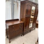 A MAHOGANY BEDROOM CABONET WITH TWO DOORS AND TWO DRAWERS AND A MATCHING TRIPLE WARDROBE WITH CENTRE