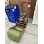 A VINTAGE PETROL CYLINDER MOWER AND GRASS BOX