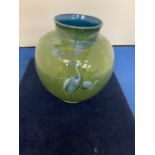 A ROYAL WORCESTER SABRINA WARE GREEN VASE WITH STORK DECORATION