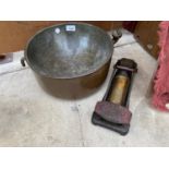 A VINTAGE COPPER BAIN MARIE PAN AND A VINTAGE KISMET FOOT PUMP