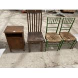 AN OAK BEDSIDE CABINET, PINE DINING CHAIR AND TWO PAINTED CHAIRS WITH RUSH SEATS