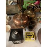 TWO VINTAGE KETTLES ONE COPPER ONE BRASS,TWO POTS ETC