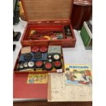 A WOODEN BOX CONTAINING VINTAGE MECCANO WITH ORIGINAL PAPERWORK