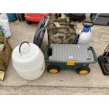 A GARDEN TROLLEY SEAT, JERRY CAN, HAND SPRAYER ETC