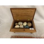 A WOODEN LIDDED BOX WITH SEVEN ONYX EGGS
