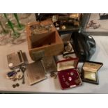A MIXED LOT TO INCLUDE LIGHTERS, POCKET WATCH, CIGARETTE CASE, CUFFLINKS, CAMERA ETC
