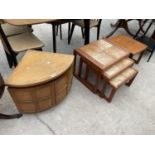 A NATHAN TEAK CORNER CABINET, A TILE OP TEAK NEST OF TABLES, A SUNELM TEAK TABLE AND AN EBONISED