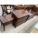 THREE STAG MINSTREL MAHOGANY ITEMS - A BEDSIDE CABINET, A CHEST OF THREE SMALL AND TWO LONG
