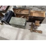 TWO WOODEN TOOL BOXES, AN ENGINEER'S WOOD TOOL CHEST, A BLACK BRIEFCASE AND VARIOUS TOOLS CLAMP,
