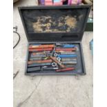 A WOODEN CASE CONTAINING A LARGE QUANTITY OF REAMERS, DIES AND DIE WRENCHES