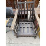 A VINTAGE OAK RECLINER CHAIR FRAME WITH BARLEY TWIST SUPPORTS - FOR RENOVATION