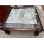 A MAHOGANY COFFEE TABLE WITH VINTAGE MAP OF ENGLAND DESIGN