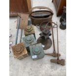 VINTAGE HARDWARE ITEMS - A FRET SAW, FOUR TEA LIGHT LAMPS, BLACKSMITHS IRONS, JACK ETC