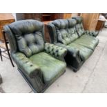 A GREEN LEATHER CHESTERFIELD THREE SEATER SOFA AND ARM CHAIR