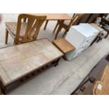 FIVE ITEMS - A TILE TOP TEAK COFFEE TABLE, A NEST OF TWO TEAK EFFECT TABLES AND TWO WHITE BEDSIDE