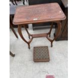 AN UNUSUAL INLAID MAHOGANY SIDE TABLE WITH LOWER SHELF AND A SMALL MAHOGANY FOOTSTOOL