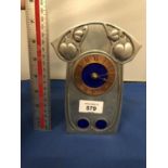 ART NOUVEAU STYLE PEWTER MANTLE CLOCK WITH BLUE ENAMEL DECORATION 7 CM
