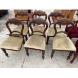 A SET OF SIX CARVED MAHOGANY DINING CHAIRS WITH BEIGE UPHOLSTERY - ON REQUIRE ATTENTION TO ONE LEG)