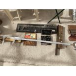 A TAP AND DIE SET, TWO LARGE VERNIER CALIPERS, SPIRIT LEVELS ETC