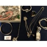 QUANTITY LOT OF WHITE METAL COSTUME JEWELLERY TO INCLUDE BANGLES, NECKLACES LADIES WATCHES