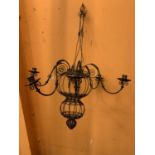 ORNATE WROUGHT IRON FRENCH 6 BRANCH CENTRE CANDELABRUM LIGHT FITTING 32 X 27 INCHES