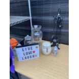 A COMPANION SET, JARS, LIGHT BOX SIGN USB AND BATTERY OPERATED, LETTERS, LARGE HURRICANE CANDLE
