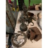 A COLLECTION OF METAL ITEMS TO INCLUDE A HORSE BELL, FIGURINES AND HORSES