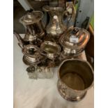 A SILVERPLATED TEA SET, WINE COOLER, WATER JUG AND CONDIMENT SET