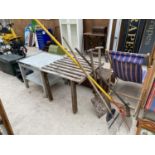 TWO TABLES AND VARIOUS GARDEN TOOLS