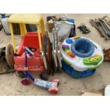 VARIOUS ITEMS TO INCLUDE THREE FOLDING GARDEN CHAIRS, A LITTLE TIKES CAR, WALKER ETC