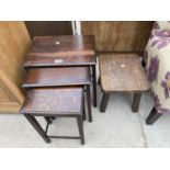 AN OAK NEST OF THREE TABLES AND A SMALL OAK STOOL