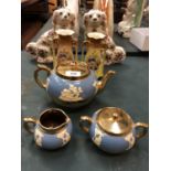 A GIBSON'S BLUE AND GOLD LUSTRE TEA SET, PAIR OF YELLOW VASES AND FLORAL DECORATED WHITE SPANIEL