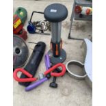 VARIOUS EXERCISE ITEMS TO INCLUDE A SQUAT MAGIC, EXERCISE MAT, DUMB BELLS ETC