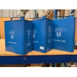 A SET OF THREE VINTAGE STYLE FORD BLUE MOTOR OIL PETROL CANS 40CM