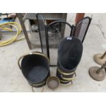 TWO BRASS BANDED COAL SCUTTLES, A FIRE GUARD AND A FOOTED BRASS POT