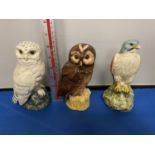 THREE ROYAL DOULTON BIRD FIGURES TO INCLUDE SNOWY & TAWNY OWLS AND A KESTREL