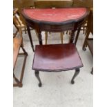 A MAHOGANY DEMI LUNE HALL TABLE WITH RED LEATHER TOP AND A MAHOGANY OCCASIONAL TABLE