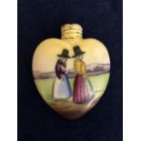 VINTAGE HEART SHAPED CERAMIC SCENT BOTTLE WITH LANDSCAPE SCENE AND TWO WELSH LADIES