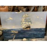 A LARGE VINTAGE 1952 JOHN MOSELEY ORGINAL OIL ON CANVAS OF A GALLEON SHIP