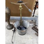 A VINTAGE BAXENDALE & CO STIRRUP PUMP WITH GALVANISED BUCKET AND A FURTHER BRASS SPRAYER