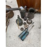 EIGHT VINTAGE OIL CANS AND TWO GREASE GUNS