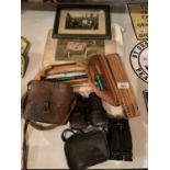 VINTAGE ITEMS TO INCLUDE BINOCULARS, SHUTTLES, COW PRINT ETC