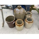 FIVE LARGE STONEWARE POTS