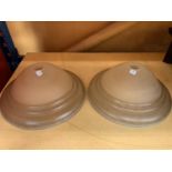 A PAIR OF CIRCULAR FROSTED GLASS ART DECO STYLE LIGHT SHADES
