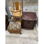 A BEECH DOLL'S HIGH CHAIR, A SEWING BOX FOOTSTOOL AND A SMALL MAHOGANY CHEST OF DRAWERS