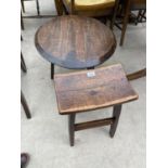 A SMALL OAK STOOL AND A SMALL OAK OCCASIONAL TABLE
